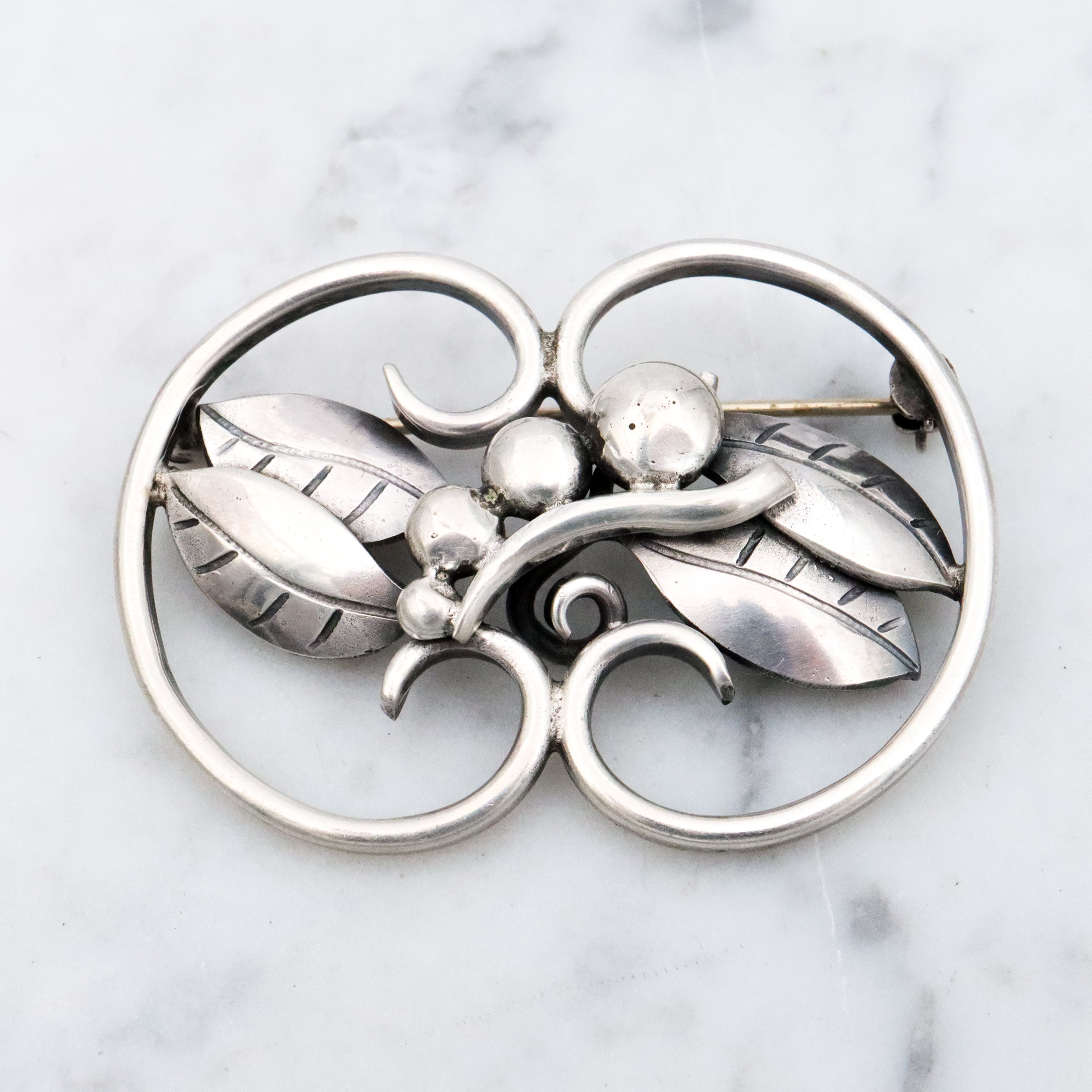 Handmade Mid Century sterling leaves & berries brooch